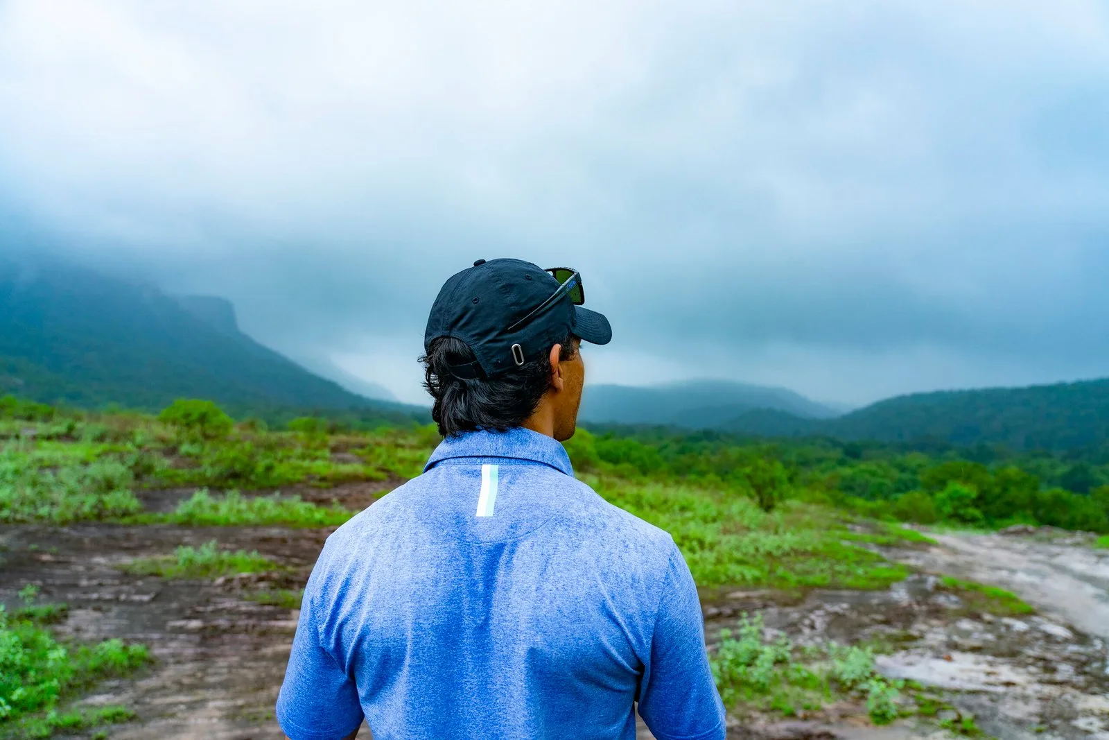Suyash Keshari seen from behind, looking out over misty forested hills